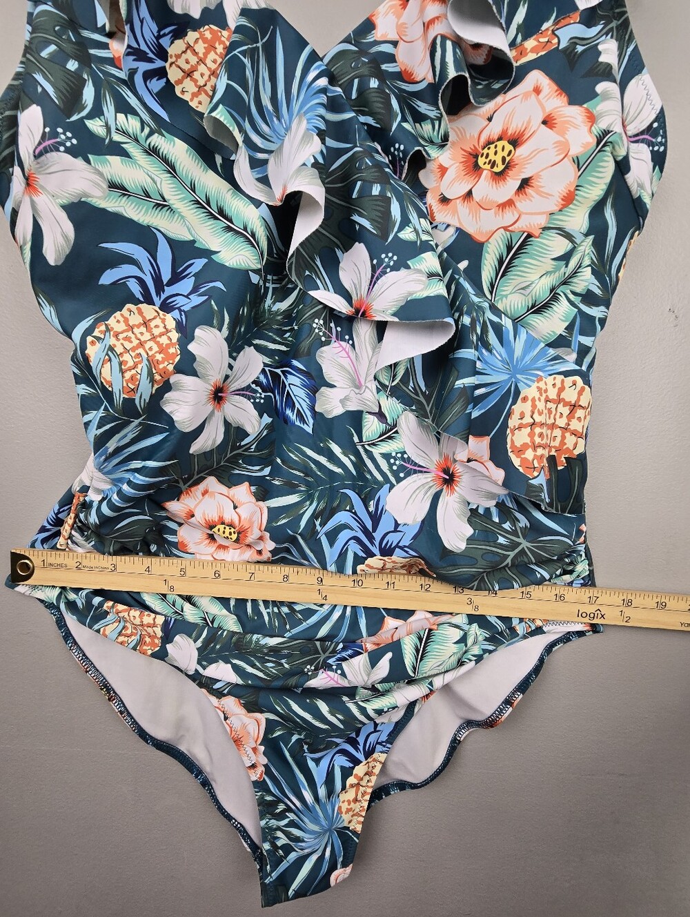Blooming Jelly Tropical Print One-Piece Swimsuit‎ Ruffle Neckline Women Size XL - Picture 8 of 13